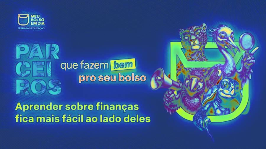 Variação 2 da campanha Meu Bolso em Dia: título PAR CEI ROS empilhado e quatro personagens ao redor do ícone verde do bolso