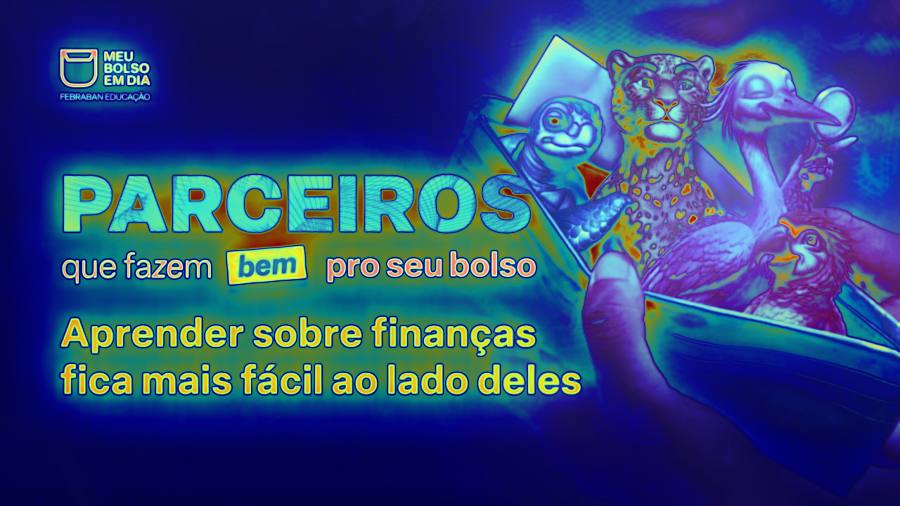Versão 1 da campanha Meu Bolso em Dia: título PARCEIROS na horizontal e personagens agrupados no bolso segurado por uma mão