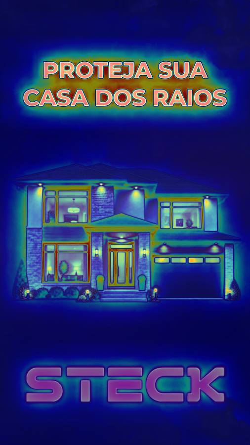 Criativo de campanha: Proteja sua casa dos raios, com fachada iluminada e logotipo